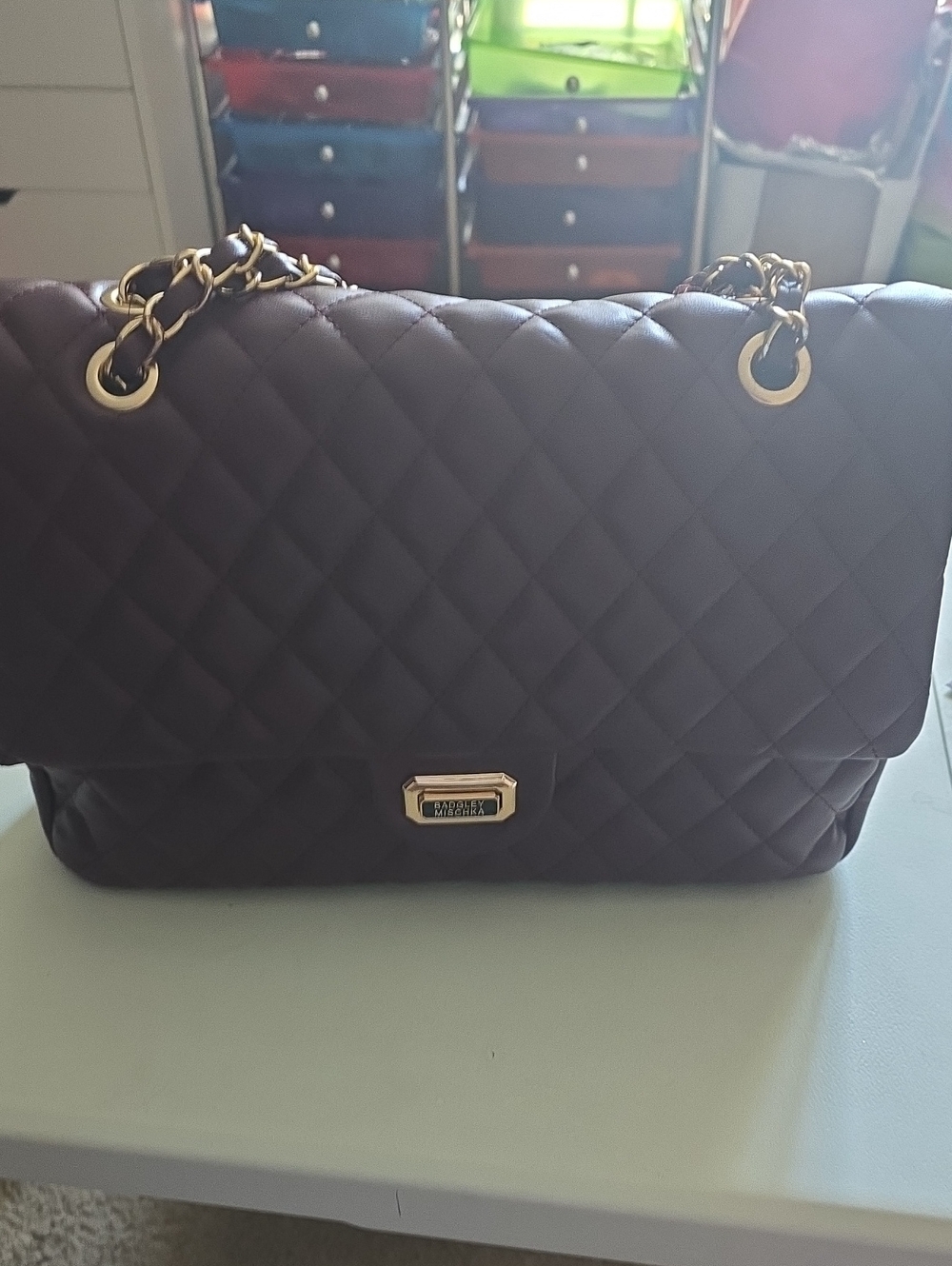 Badgley Mischka Quilted Shoulder Bag in Plum with Gold Hardware